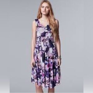 Simply Vera Wang purple white Floral V-neck Dress Stretch chiffon Large EUC